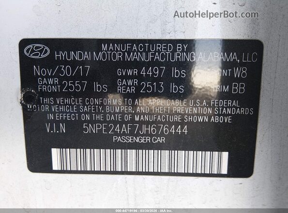 5NPE24AF7JH676444 2018 HYUNDAI SONATA White Vista del compartimento del motor