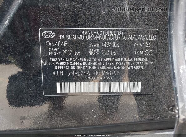 5NPE24AF7KH748759 2019 HYUNDAI SONATA Black ძრავის განყოფილების ხედი