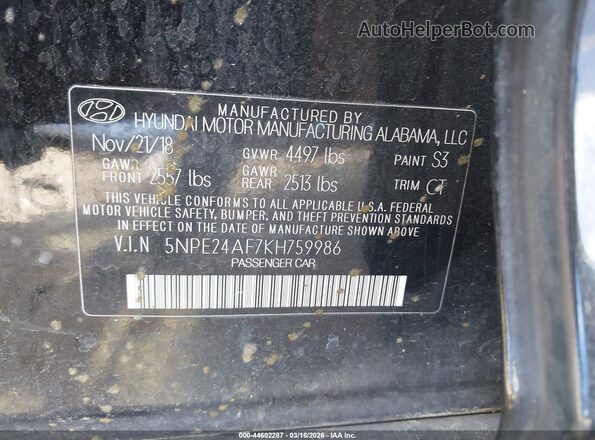 5NPE24AF7KH759986 2019 HYUNDAI SONATA Black 