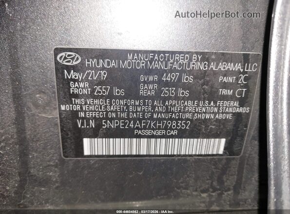 5NPE24AF7KH798352 2019 HYUNDAI SONATA Gray Engine compartment view