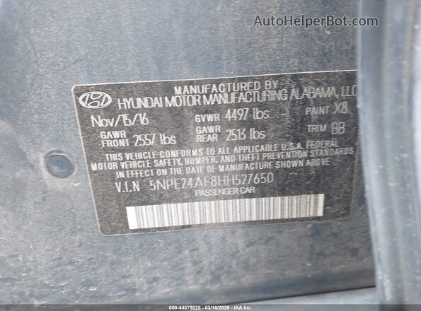 5NPE24AF8HH527650 2017 HYUNDAI SONATA Blue Engine compartment view