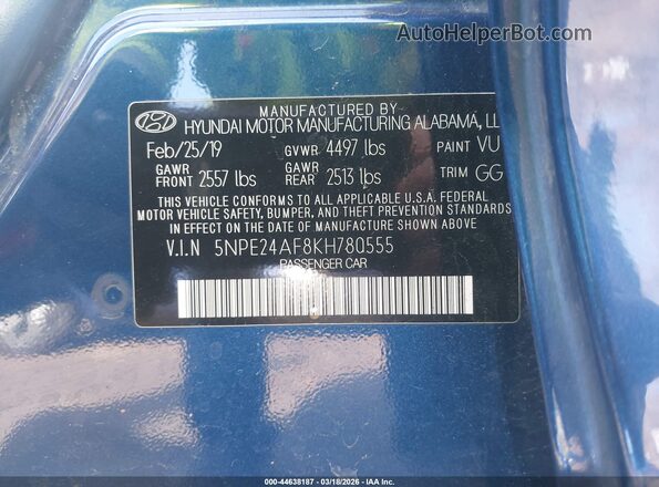 5NPE24AF8KH780555 2019 HYUNDAI SONATA Blue ძრავის განყოფილების ხედი