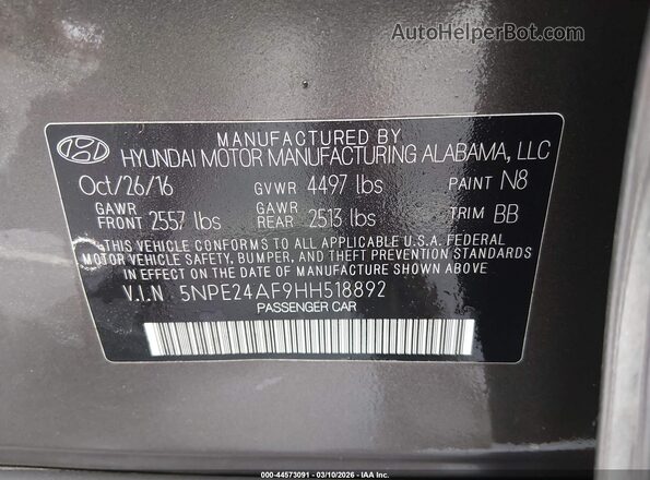 5NPE24AF9HH518892 2017 HYUNDAI SONATA Brown Engine compartment view