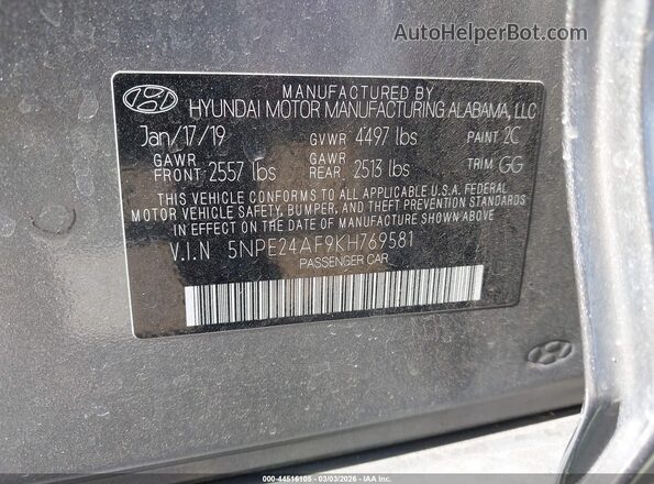 5NPE24AF9KH769581 2019 HYUNDAI SONATA Silver 