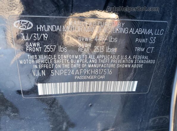 5NPE24AF9KH817516 2019 HYUNDAI SONATA Black Widok komory silnika