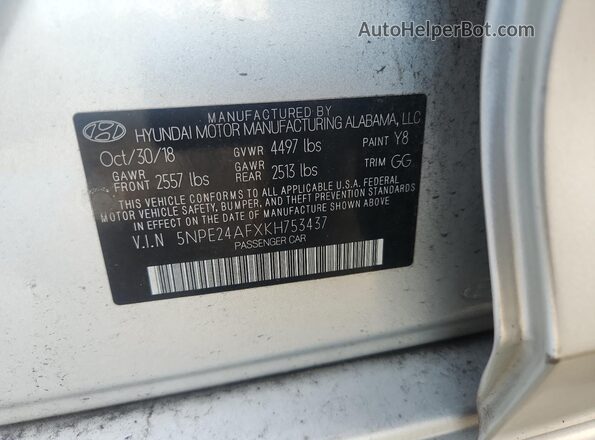 5NPE24AFXKH753437 2019 HYUNDAI SONATA Silver 