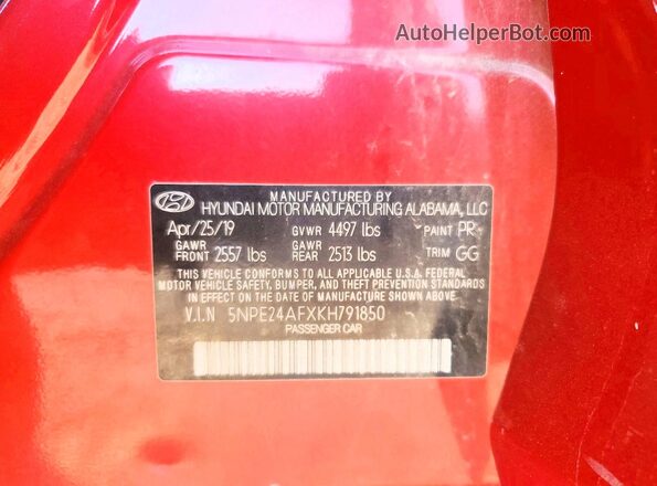 5NPE24AFXKH791850 2019 HYUNDAI SONATA Red 