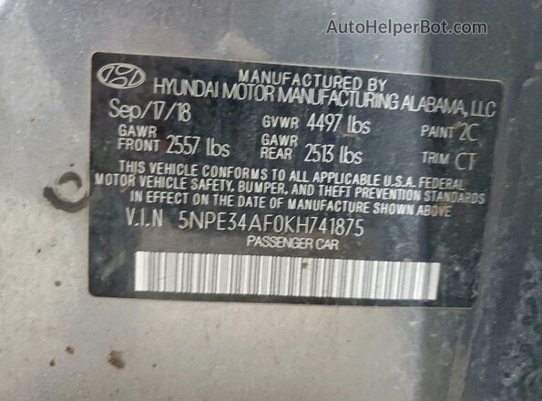5NPE34AF0KH741875 2019 HYUNDAI SONATA Gray 