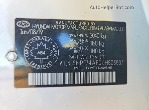 5NPE34AF0KH803887 2019 HYUNDAI SONATA White Вид підкапотного простору