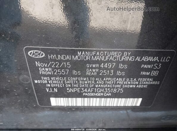 5NPE34AF1GH351875 2016 HYUNDAI SONATA Black Vista del compartimento del motor
