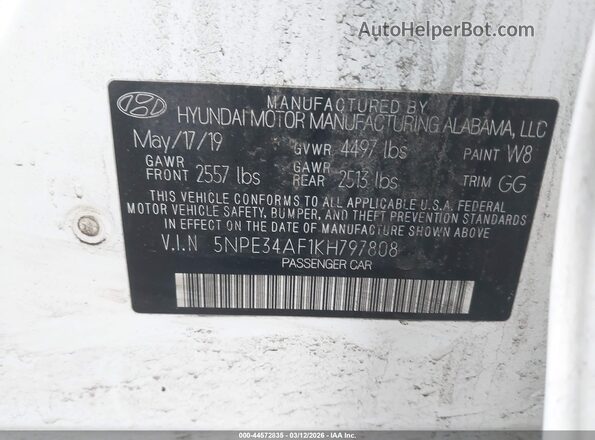 5NPE34AF1KH797808 2019 HYUNDAI SONATA Белый 