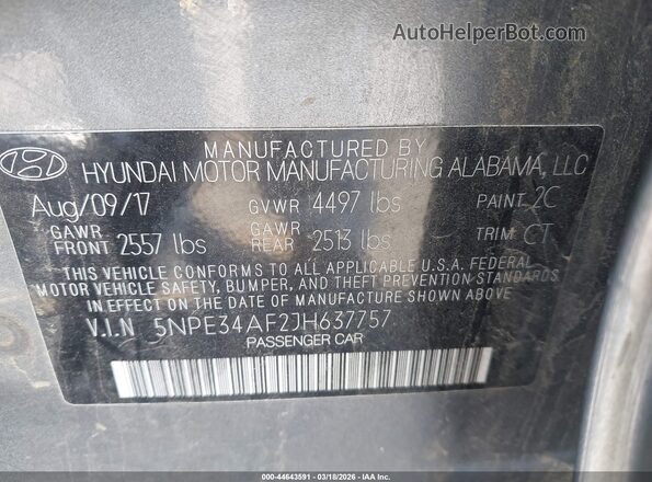 5NPE34AF2JH637757 2018 HYUNDAI SONATA Gray Շարժիչի բաժամունքի տեսք
