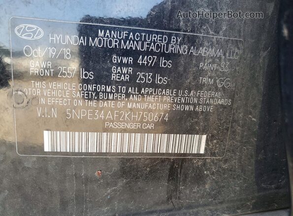 5NPE34AF2KH750674 2019 HYUNDAI SONATA Black 
