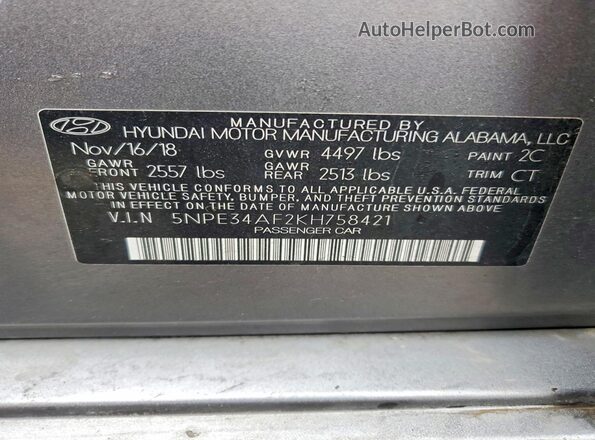 5NPE34AF2KH758421 2019 HYUNDAI SONATA Silver Вид наклейки з VIN-кодом