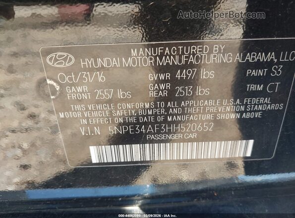 5NPE34AF3HH520652 2017 HYUNDAI SONATA Black Widok komory silnika