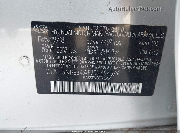 5NPE34AF3JH694579 2018 HYUNDAI SONATA Silver 