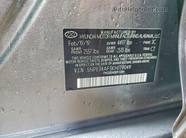5NPE34AF3KH779049 2019 HYUNDAI SONATA Silver VIN კოდის სტიკერის ხედი