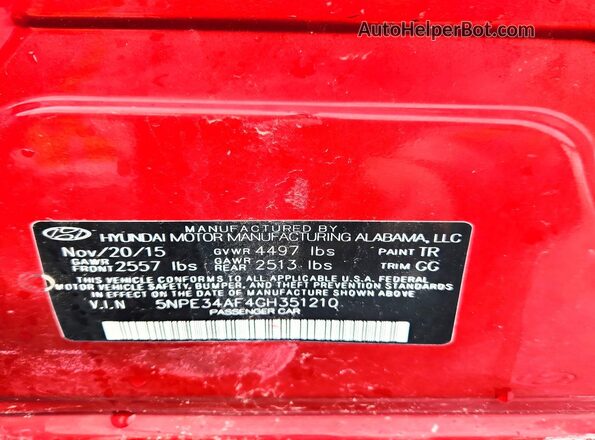 5NPE34AF4GH351210 2016 HYUNDAI SONATA Red Вид підкапотного простору