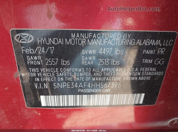 5NPE34AF4HH567396 2017 HYUNDAI SONATA Красный Вид подкапотного пространства
