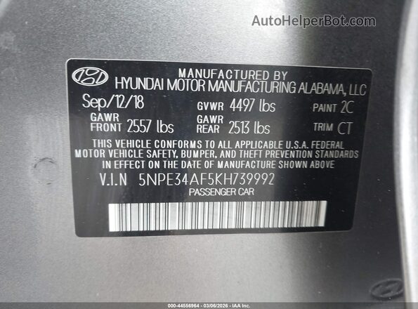 5NPE34AF5KH739992 2019 HYUNDAI SONATA Gray 
