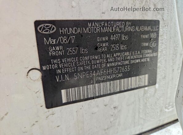 5NPE34AF6HH572633 2017 HYUNDAI SONATA Белый Вид наклейки с VIN-кодом