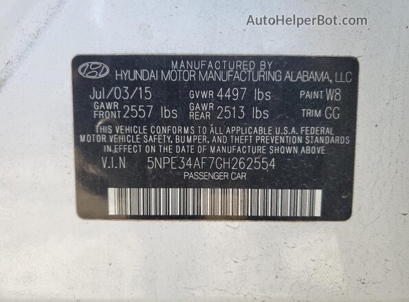 5NPE34AF7GH262554 2016 HYUNDAI SONATA White ძრავის განყოფილების ხედი