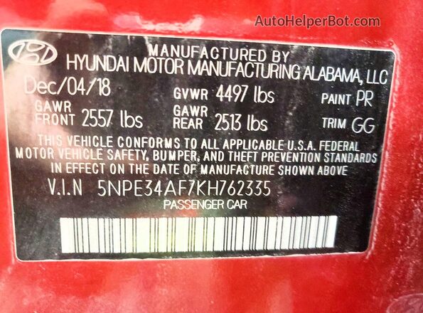 5NPE34AF7KH762335 2019 HYUNDAI SONATA Red Շարժիչի բաժամունքի տեսք