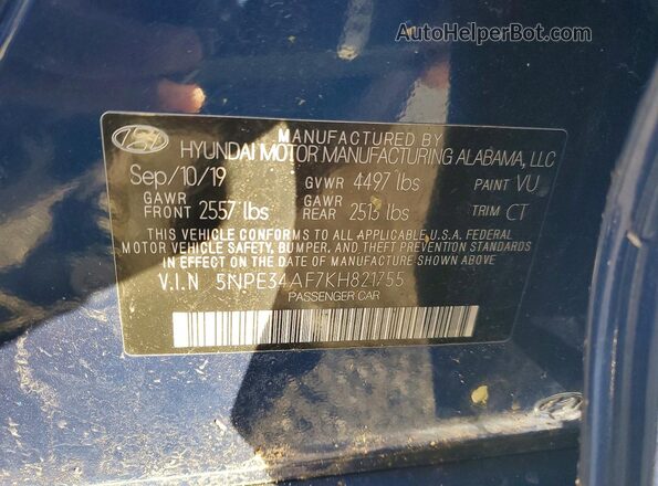5NPE34AF7KH821755 2019 HYUNDAI SONATA Синий 