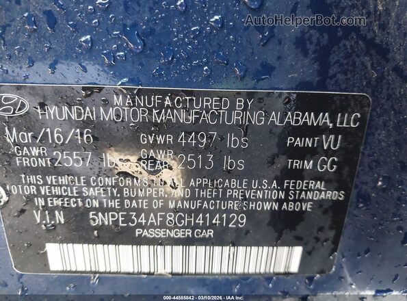 5NPE34AF8GH414129 2016 HYUNDAI SONATA Blue Widok komory silnika