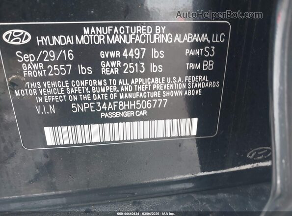 5NPE34AF8HH506777 2017 HYUNDAI SONATA Черный Вид подкапотного пространства