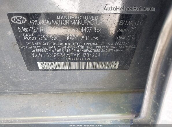 5NPE34AFXKH784264 2019 HYUNDAI SONATA Gray Widok komory silnika
