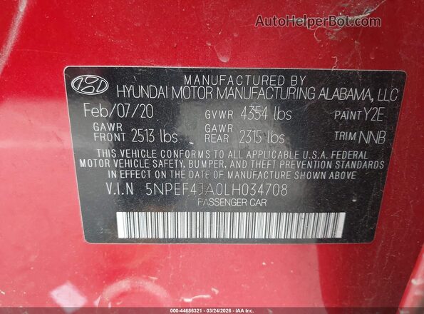 5NPEF4JA0LH034708 2020 HYUNDAI SONATA Red Вид підкапотного простору