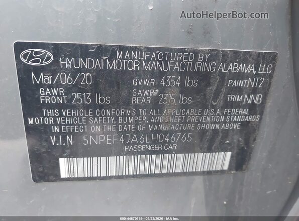 5NPEF4JA6LH046765 2020 HYUNDAI SONATA Gray ძრავის განყოფილების ხედი