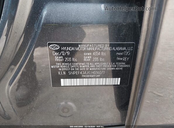 5NPEF4JAXLH016071 2020 HYUNDAI SONATA Gray Շարժիչի բաժամունքի տեսք