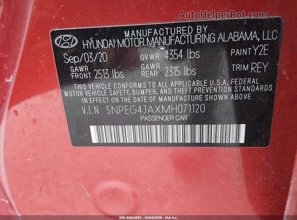 5NPEG4JAXMH071120 2021 HYUNDAI SONATA Red Vista del compartimento del motor