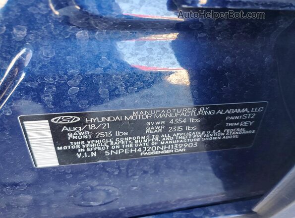 5NPEH4J20NH139903 2022 HYUNDAI SONATA Blue Widok naklejki z numerem VIN