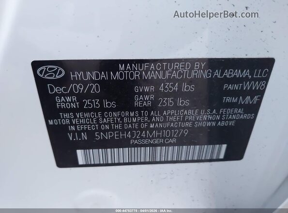 5NPEH4J24MH101279 2021 HYUNDAI SONATA White 