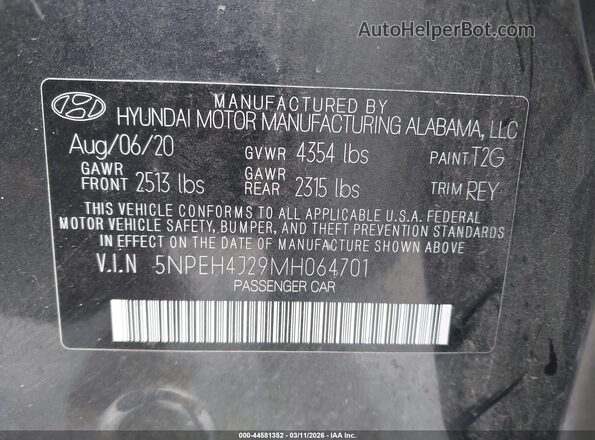 5NPEH4J29MH064701 2021 HYUNDAI SONATA Серый Вид подкапотного пространства