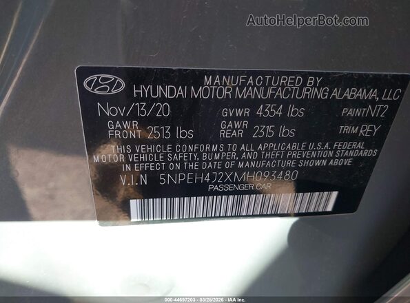 5NPEH4J2XMH093480 2021 HYUNDAI SONATA Gray ძრავის განყოფილების ხედი