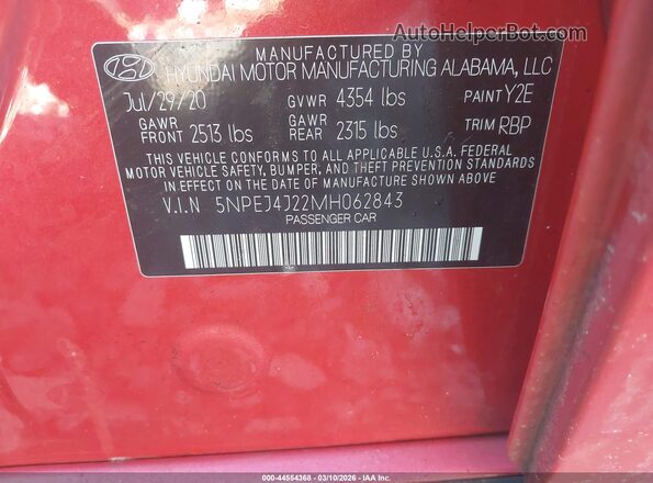 5NPEJ4J22MH062843 2021 HYUNDAI SONATA Red Շարժիչի բաժամունքի տեսք
