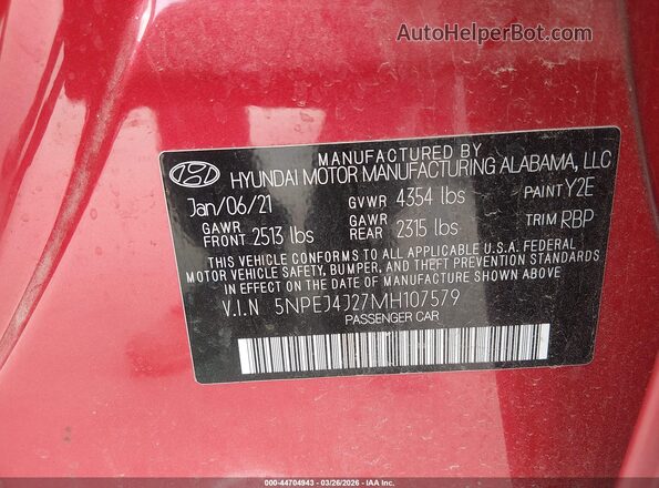 5NPEJ4J27MH107579 2021 HYUNDAI SONATA Red Engine compartment view