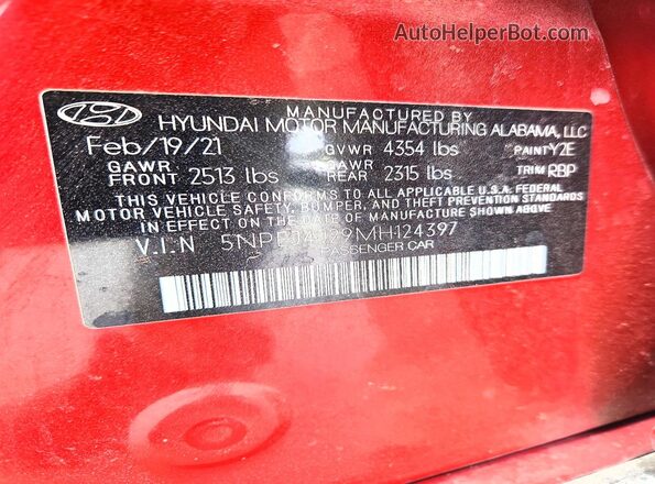 5NPEJ4J29MH124397 2021 HYUNDAI SONATA Red Engine compartment view
