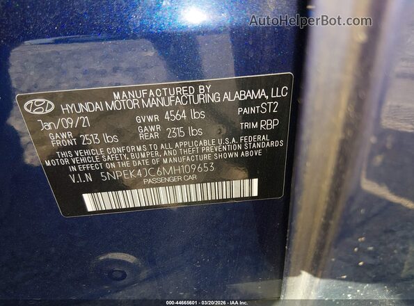 5NPEK4JC6MH109653 2021 HYUNDAI SONATA Blue Engine compartment view