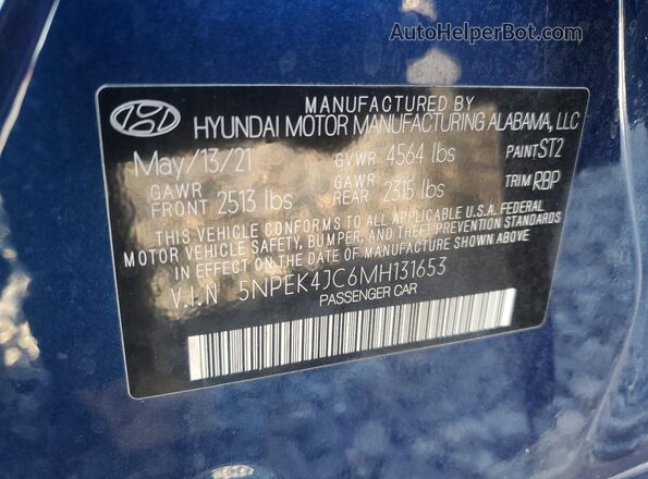 5NPEK4JC6MH131653 2021 HYUNDAI SONATA Синий Вид наклейки с VIN-кодом