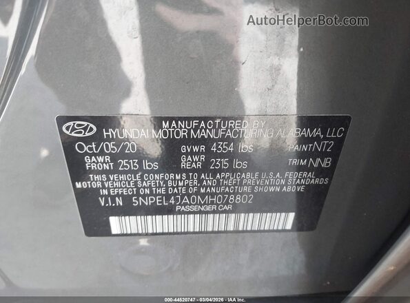 5NPEL4JA0MH078802 2021 HYUNDAI SONATA Серый Вид подкапотного пространства