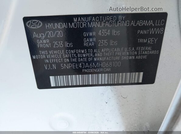 5NPEL4JA6MH068100 2021 HYUNDAI SONATA White Engine compartment view