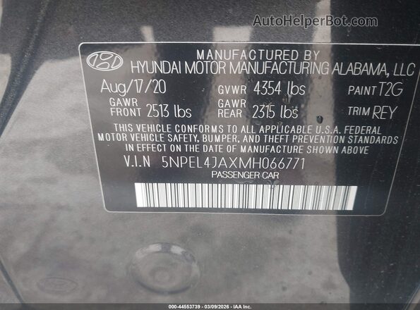 5NPEL4JAXMH066771 2021 HYUNDAI SONATA Gray ძრავის განყოფილების ხედი
