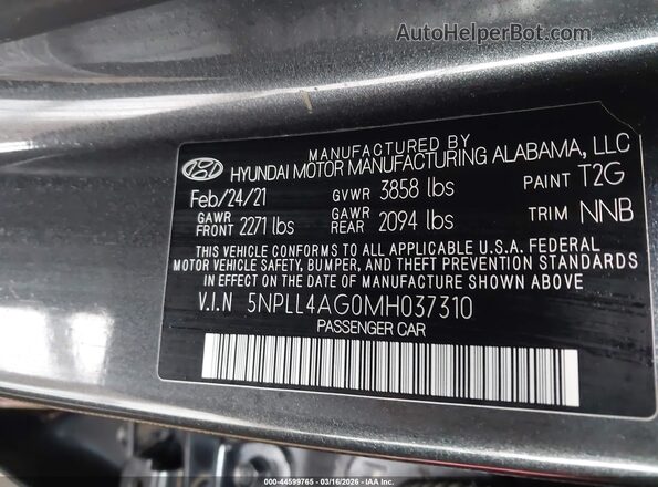 5NPLL4AG0MH037310 2021 HYUNDAI ELANTRA Серый 