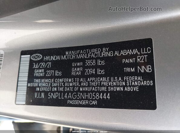 5NPLL4AG3NH058444 2022 HYUNDAI ELANTRA Silver Շարժիչի բաժամունքի տեսք