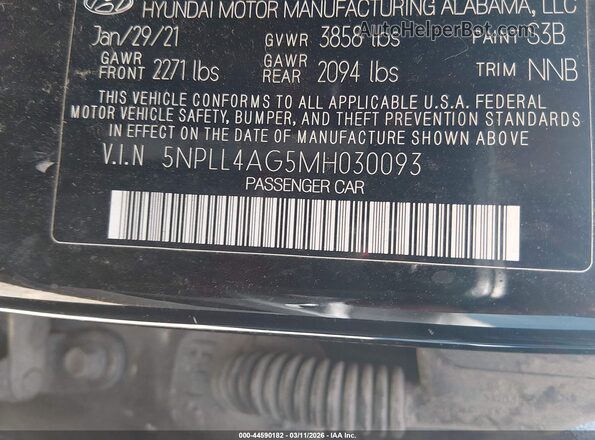 5NPLL4AG5MH030093 2021 HYUNDAI ELANTRA Black 